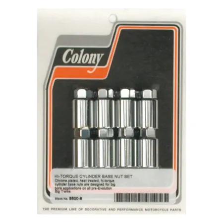 Colony Cylinder Base Nut Kit, High-Torque No Washers, Provides Extra Space For Big Bore Cylinders But Fits Stock Bore Equally Well in Chrome Finish For 1936-1984 B.T. Models (8600-8)