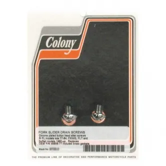 Colony Fork Slider Drain Screws in Chrome Finish For Late 1977-1984 FL, FLH, 1980-1986 FXWG, 1984-2017 Softail (Excluding 2000-2007 FXSTD/I, 2008-2011 FXCW/C Rocker, 2013-2017 FXSB), 1980-2013 FLT/Touring, 1993-2005 Dyna Models (ARM927989)