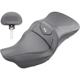 Saddlemen Heated Roadsofa CF 2-Up Seat With Drivers Backrest in Black For 2008-2023 FLHR, FLHT, FLHX & FLTR Models (808-07B-185BRHC)