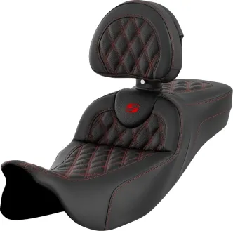 Saddlemen Extended Reach Roadsofa Seat With Drivers Backrest With Red Stitching For Harley Davidson 2008-2024 FLHR, FLHT, FLHX & FLTR Touring Models (808-07B-184B4)