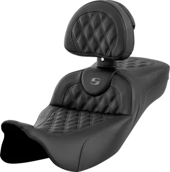 Saddlemen Extended Reach Roadsofa Seat With Drivers Backrest With Grey Stitching For Harley Davidson 2008-2024 FLHR, FLHT, FLHX & FLTR Touring Models (A808-07R-184GRE)