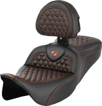 Saddlemen Honeycomb Roadsofa Seat With Drivers Backrest With Orange Stitching For Harley Davidson 2008-2023 FLHR, FLHT, FLHX & FLTR Touring Models (A808-07R-189ORA)