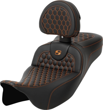 Saddlemen Extended Reach Honeycomb Roadsofa Seat With Drivers Backrest With Orange Stitching For Harley Davidson 2008-2023 FLHR, FLHT, FLHX & FLTR Touring Models (A808-07R-190ORA)