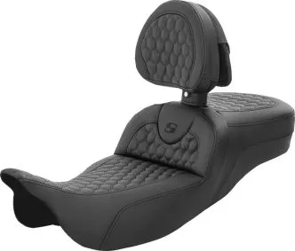 Saddlemen Extended Reach Honeycomb Roadsofa Seat With Drivers Backrest With Black Stitching For Harley Davidson 2008-2024 FLHR, FLHT, FLHX & FLTR Touring Models (Does Not Fit 2023-2024 CVO Models) (808-07B-190BR)